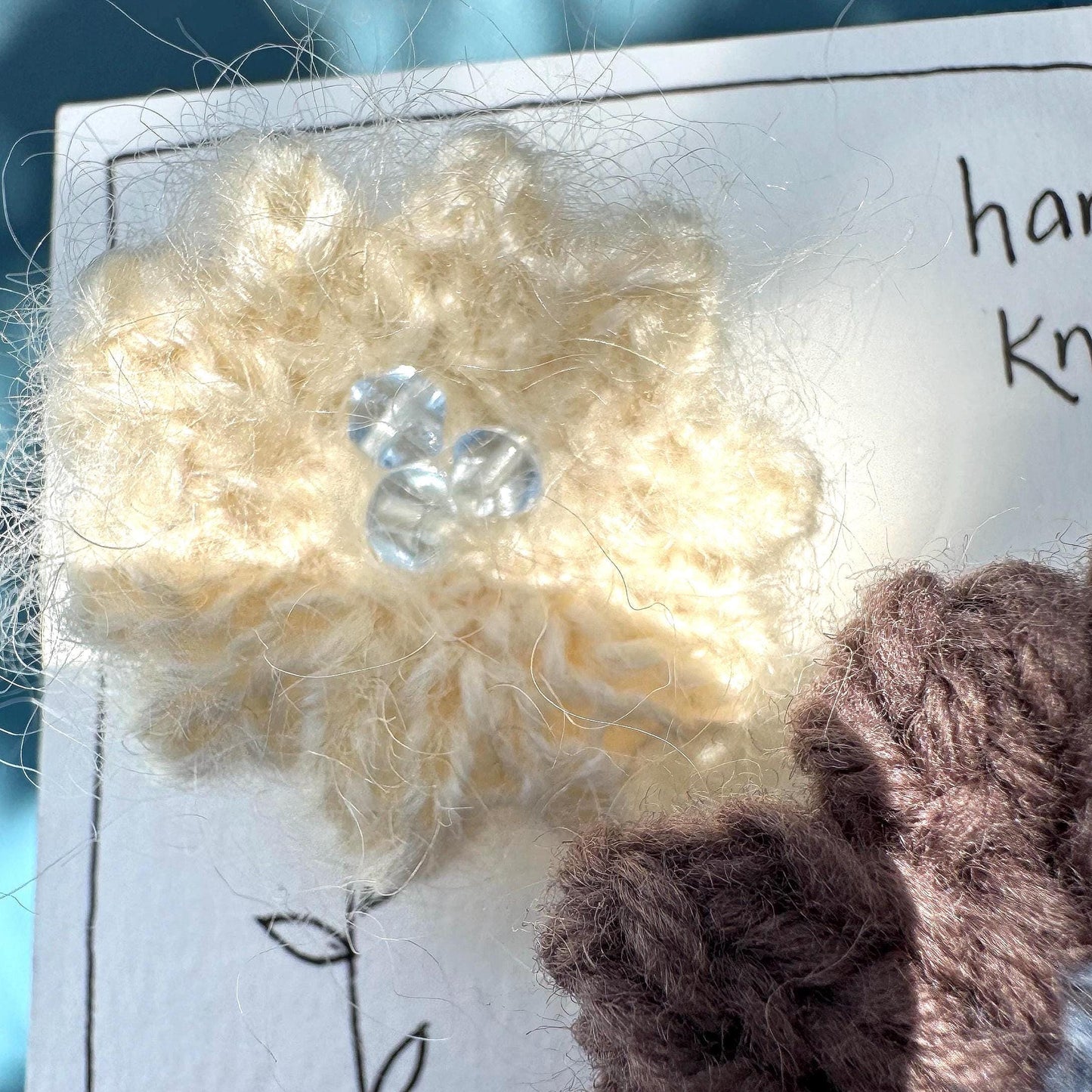 hand knit brooch set- flowers beaded cream and brown