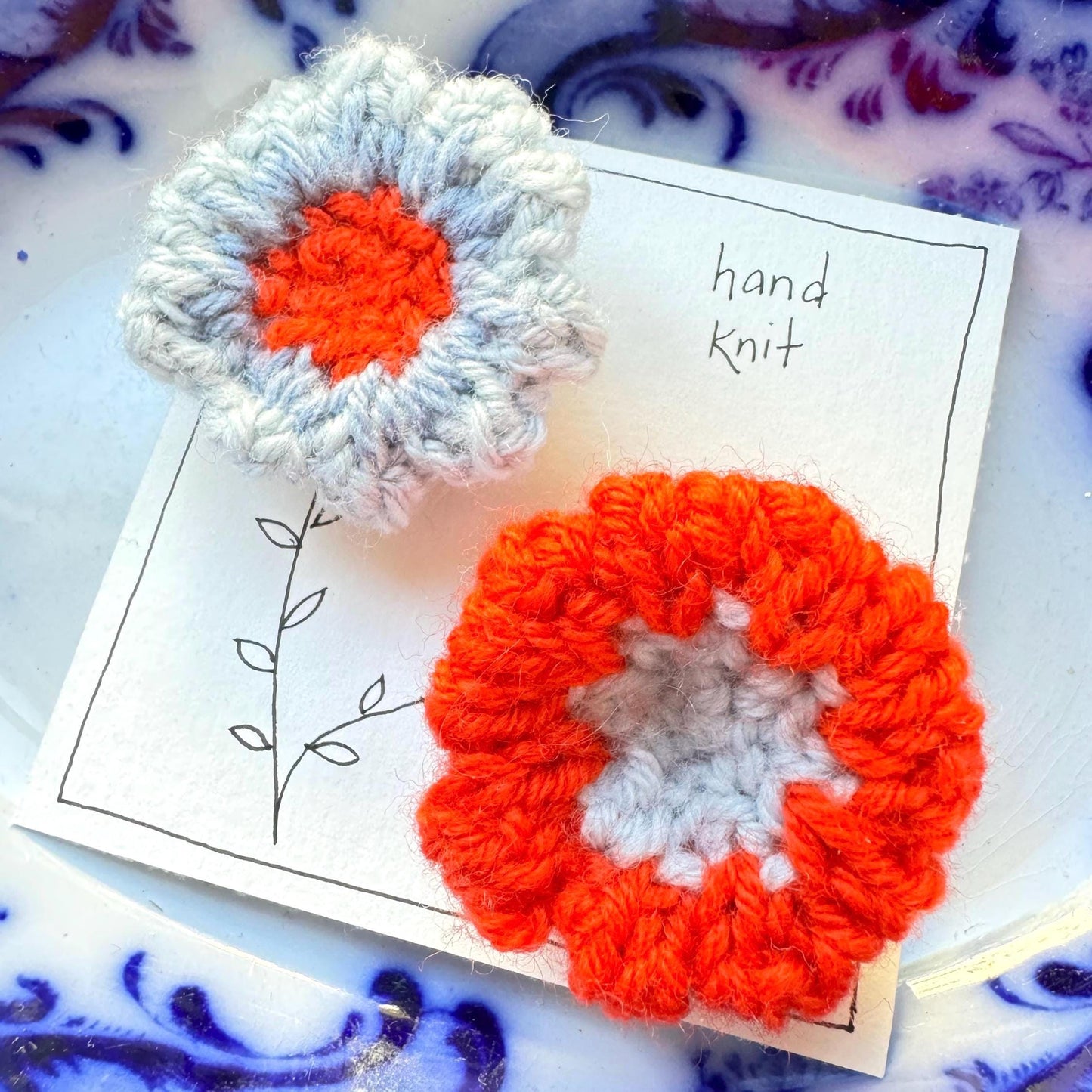 hand knit brooch set- flowers two tone blue + orange