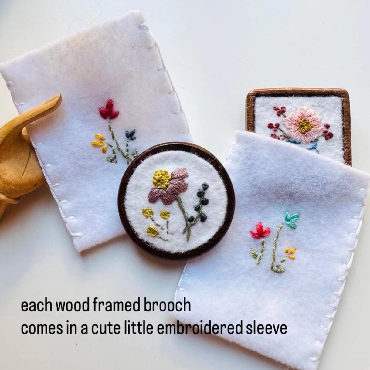 Hand Embroidered Floral Felt Brooch Pin ~ wood backing