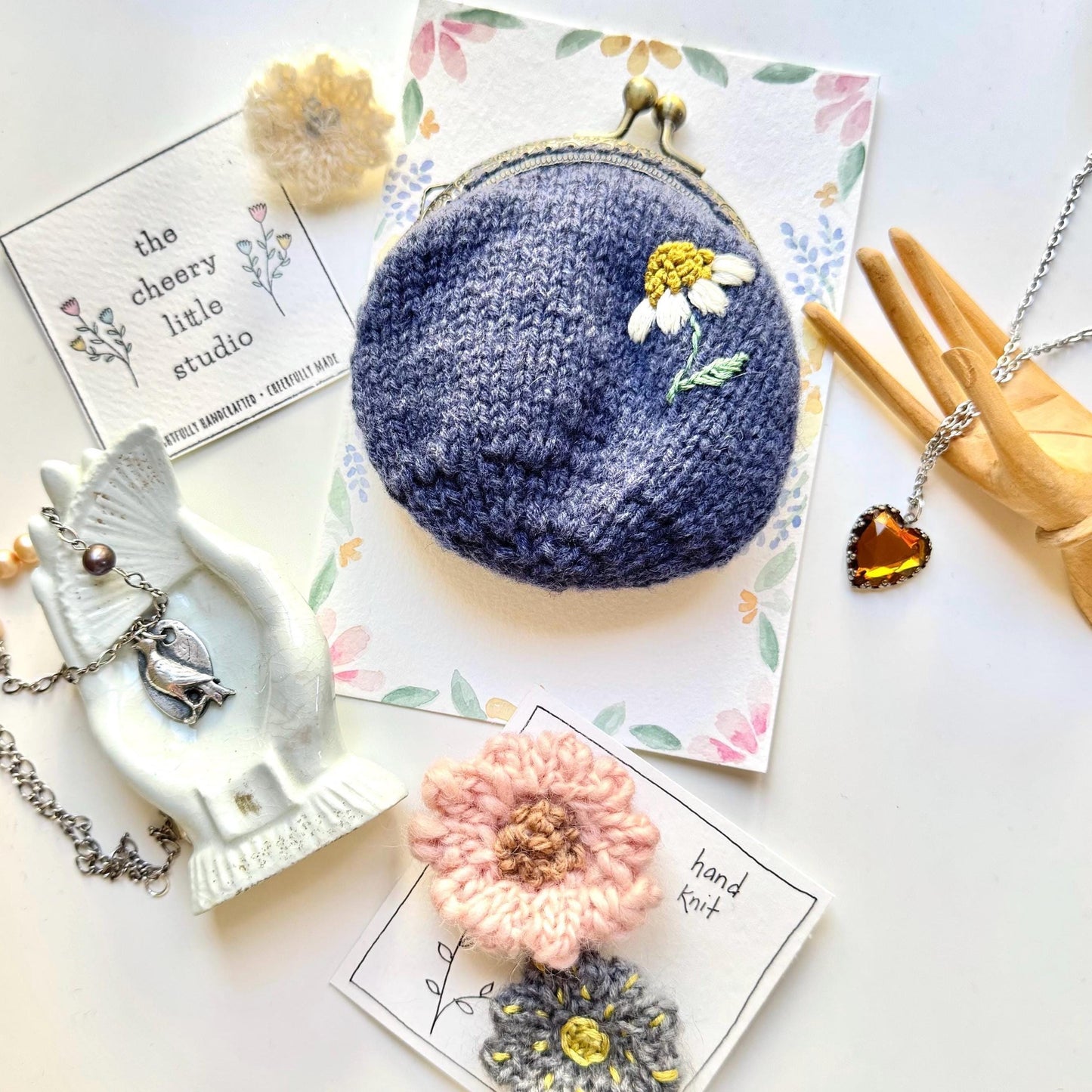 Coin purse | hand embroidered + hand knit | wildflower navy
