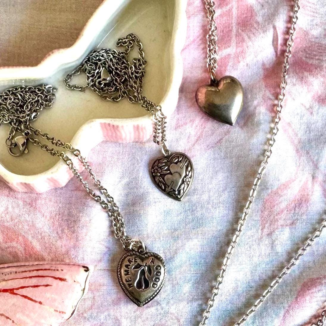 Vintage Puffy Heart Pendant Necklace | Silver Plated