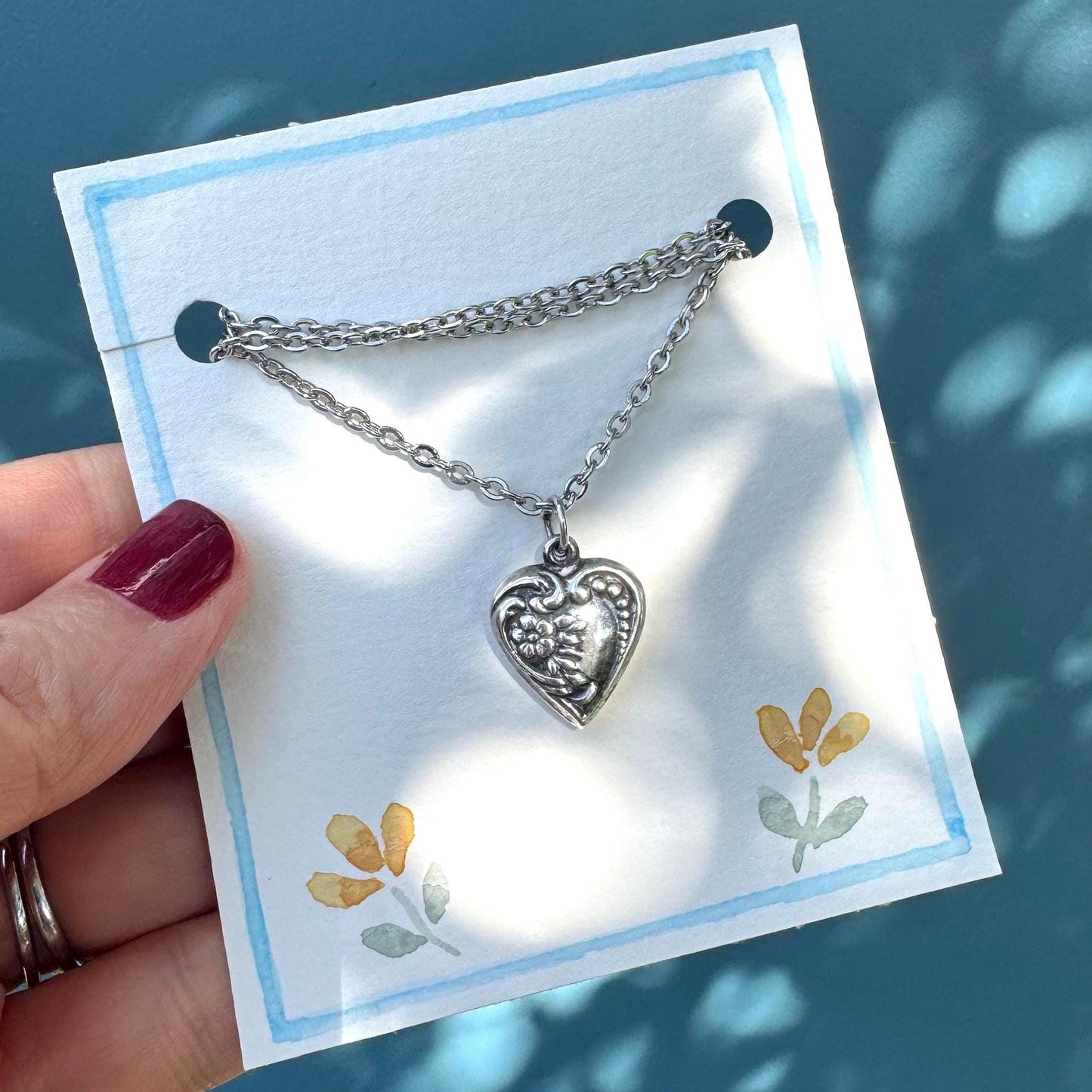 Vintage Heart Pendant Necklace | Sterling Silver small with flowers