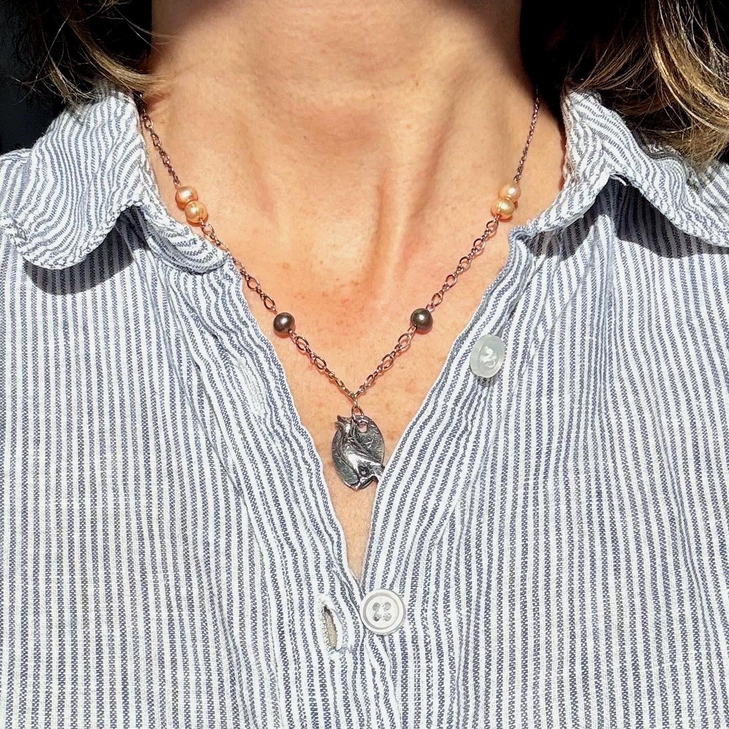 Small Handmade Silver Bird Pendant Necklace | Beaded Chain