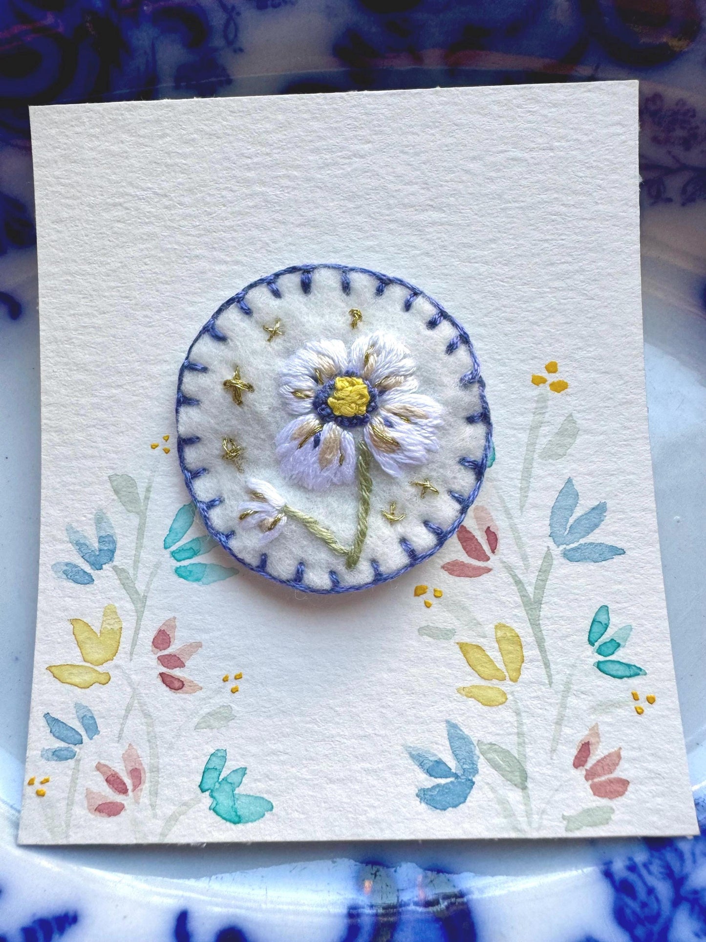 Hand Embroidered Felt Brooch Pin - white flower with sparkles