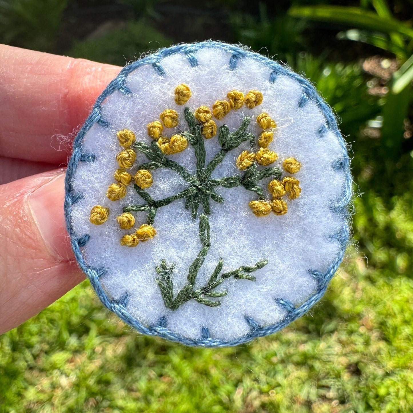 Hand Embroidered Felt Brooch Pin on Card -  yellow flower with blue border