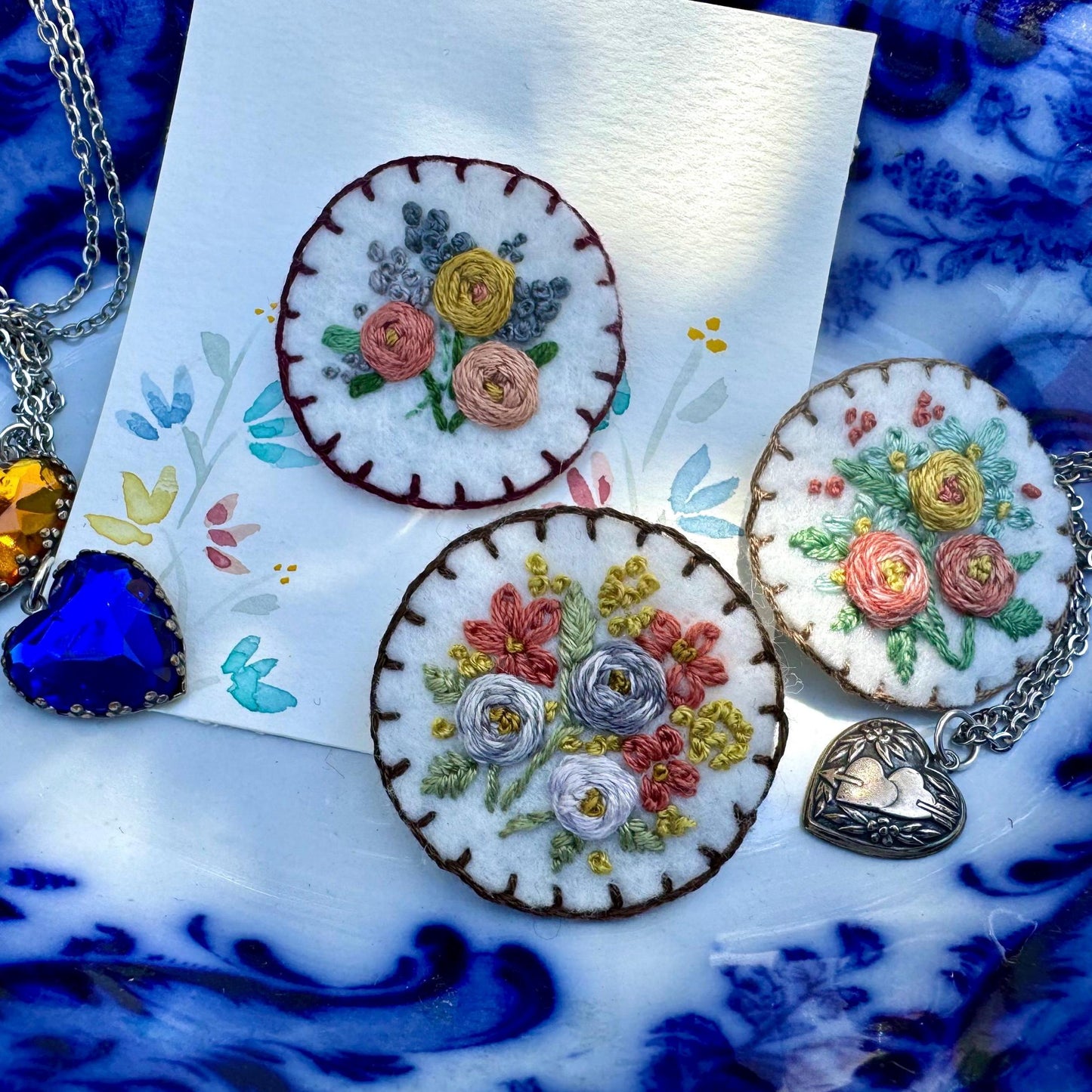 Hand Embroidered Floral Felt Brooch Pin Card~ Rose Garden lavender