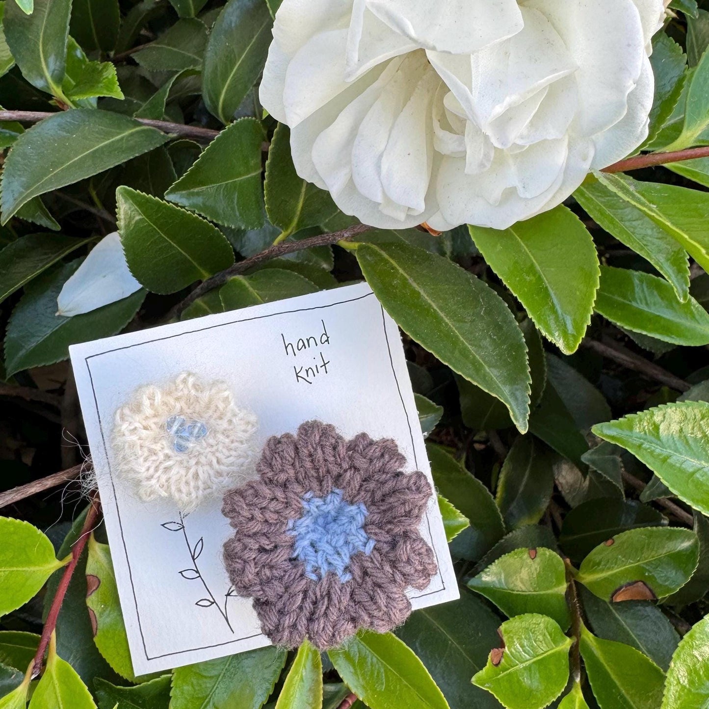 hand knit brooch set- flowers beaded cream and brown