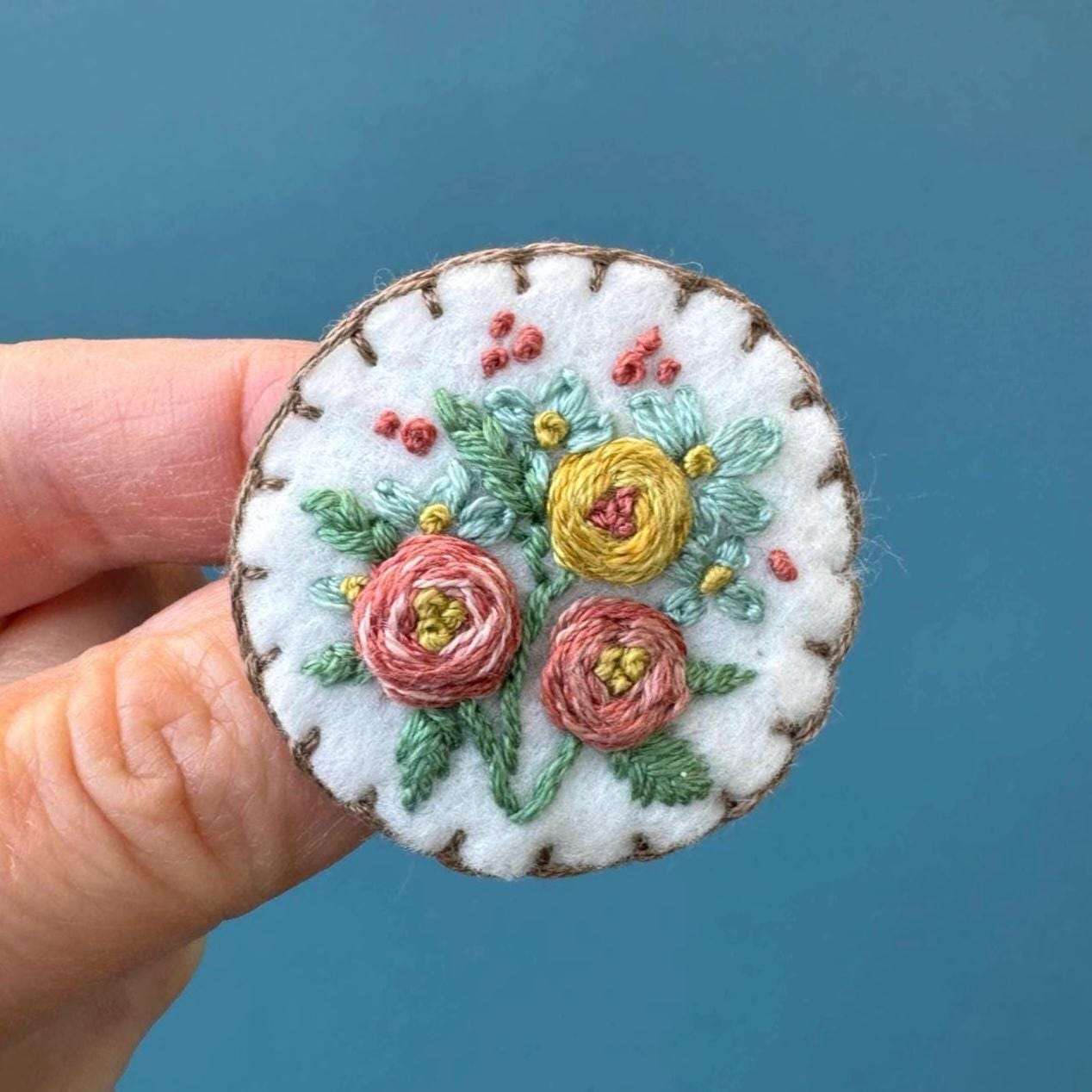 Hand Embroidered Floral Brooch Pin Card~ Rose Garden pink