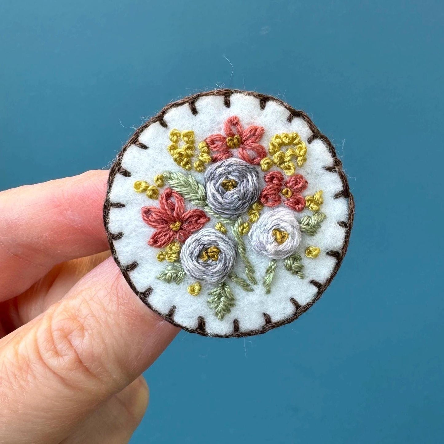 Hand Embroidered Floral Felt Brooch Pin Card~ Rose Garden lavender