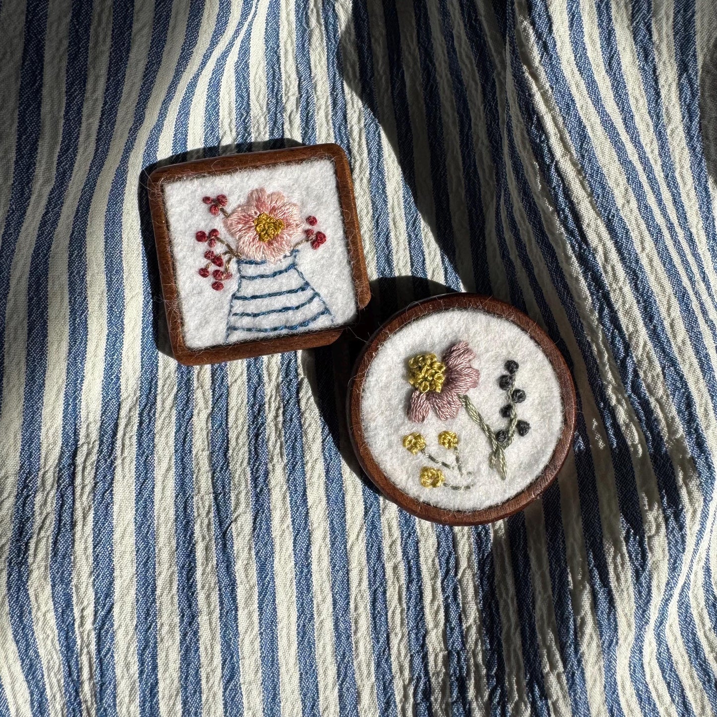 Hand Embroidered Floral Felt Brooch Pin ~ wood backing