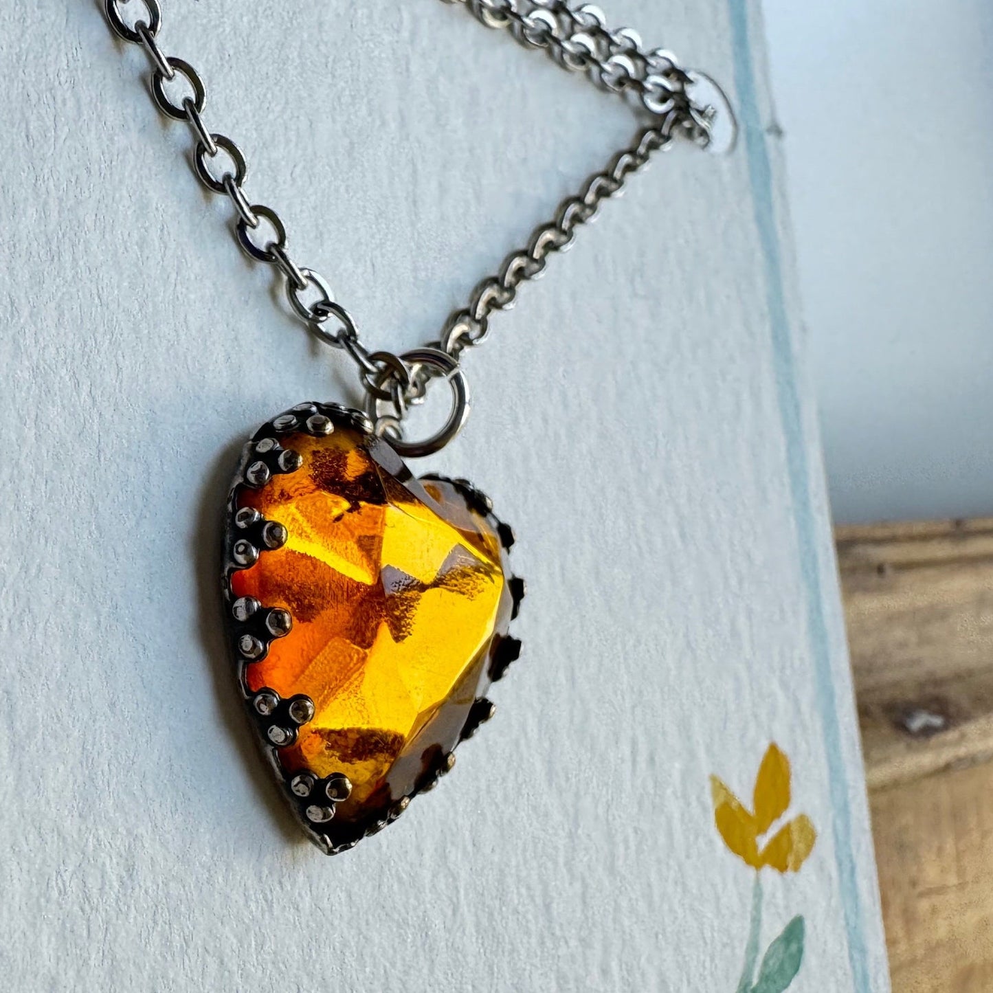Vintage Heart Pendant Necklace Faux Yellow Sapphire Costume Jewelry