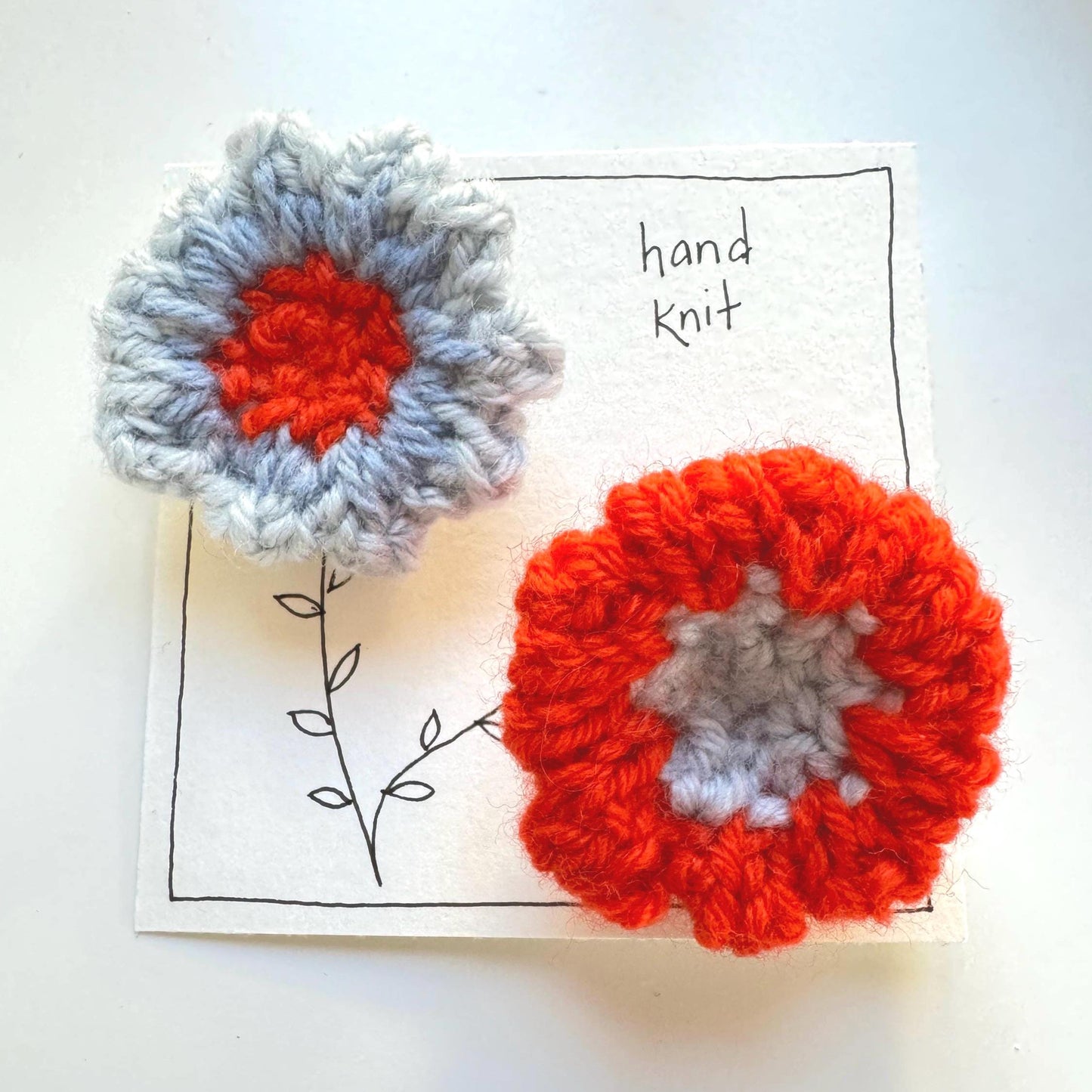 hand knit brooch set- flowers two tone blue + orange