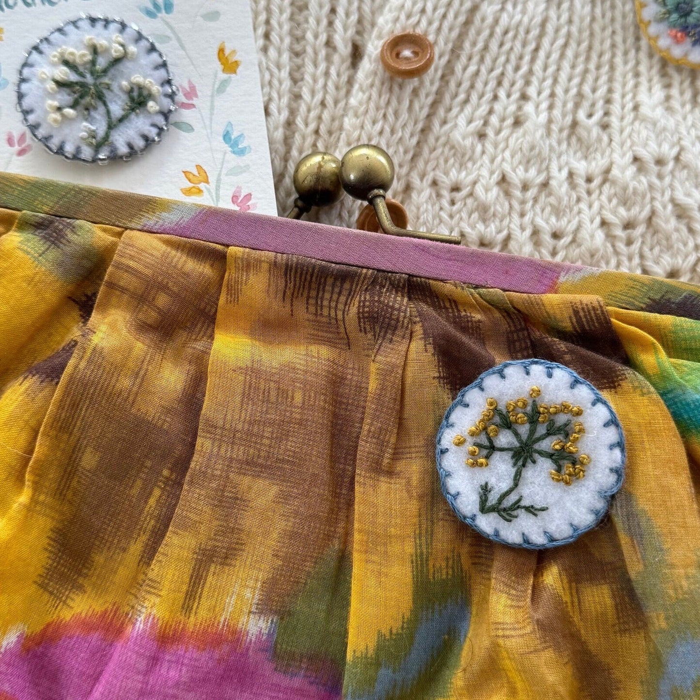 Hand Embroidered Felt Brooch Pin on Card -  yellow flower with blue border