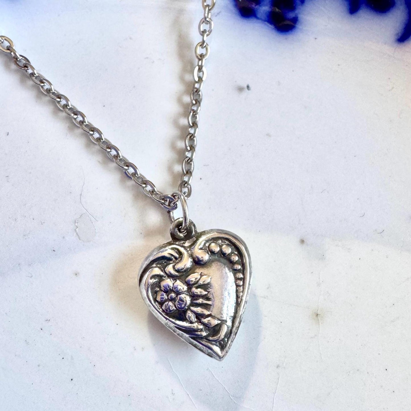 Vintage Heart Pendant Necklace | Sterling Silver small with flowers
