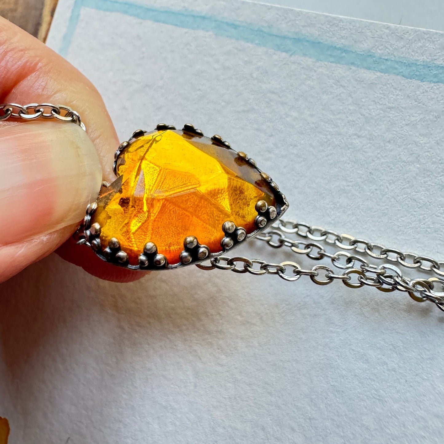 Vintage Heart Pendant Necklace Faux Yellow Sapphire Costume Jewelry