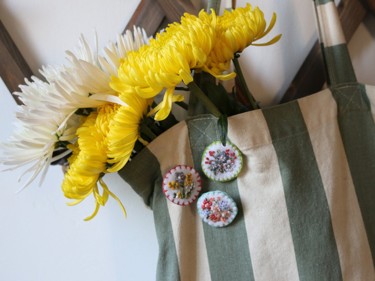Hand Embroidered Floral Felt Brooch Pin Card~ June Garden