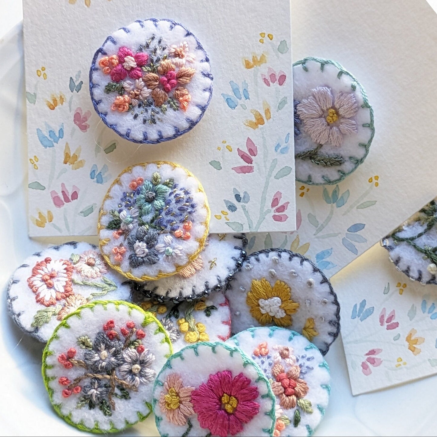 Hand Embroidered Felt Brooch Pin on Card -  yellow flower with blue border