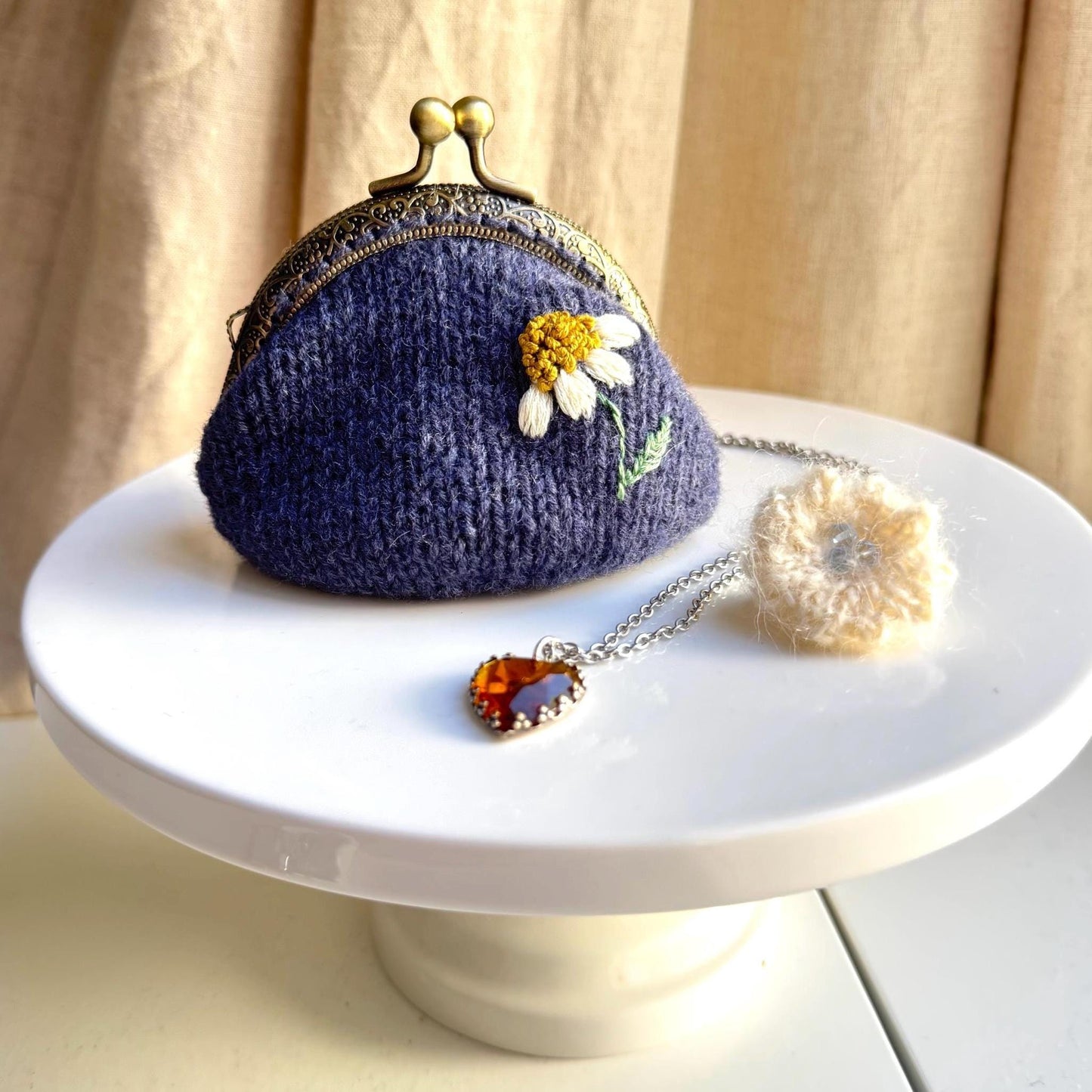 Coin purse | hand embroidered + hand knit | wildflower navy