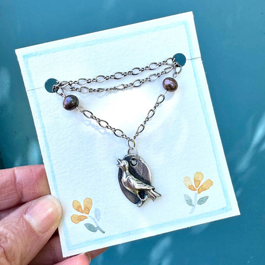 Small Handmade Silver Bird Pendant Necklace | Beaded Chain