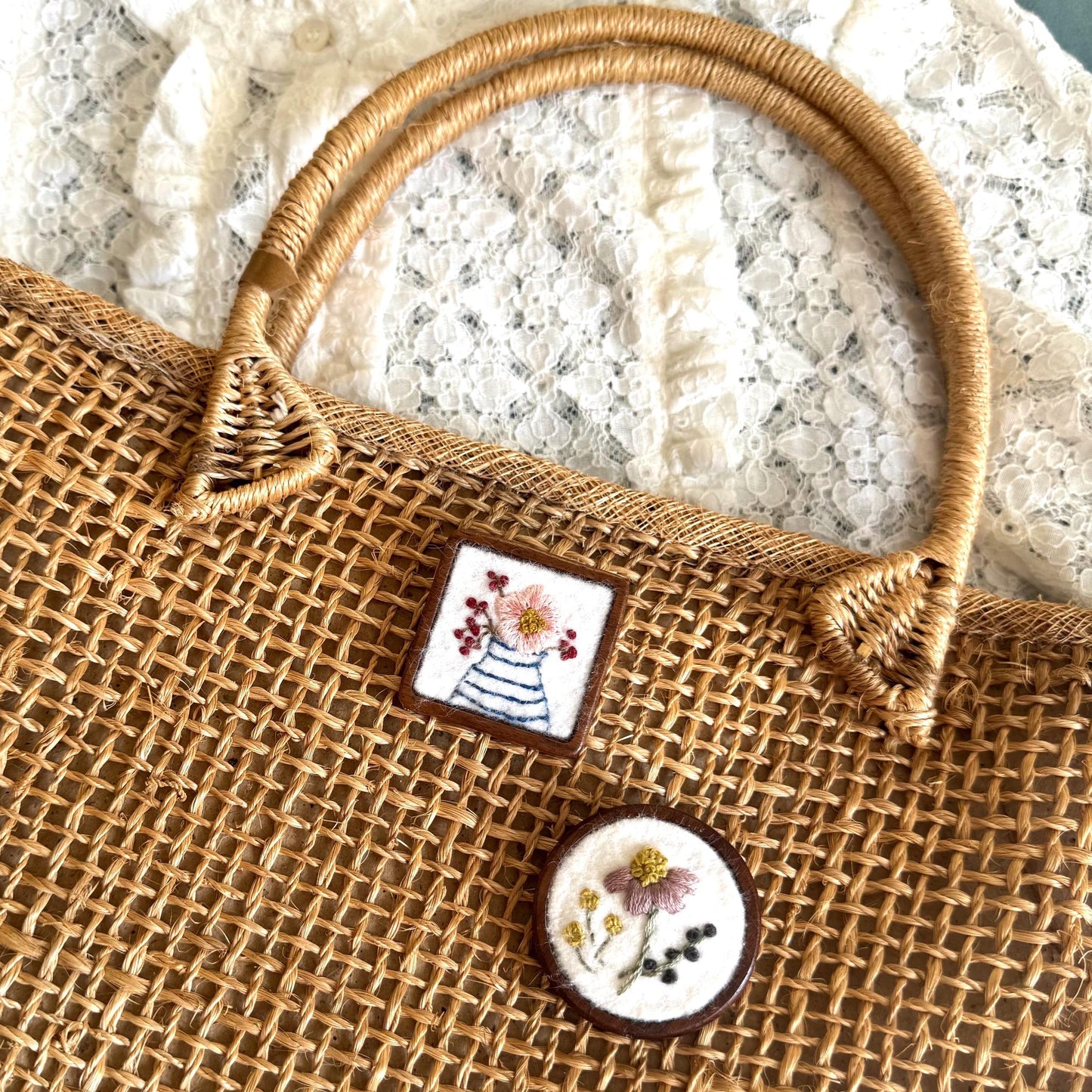 Hand Embroidered Floral Felt Brooch Pin ~ wood backing