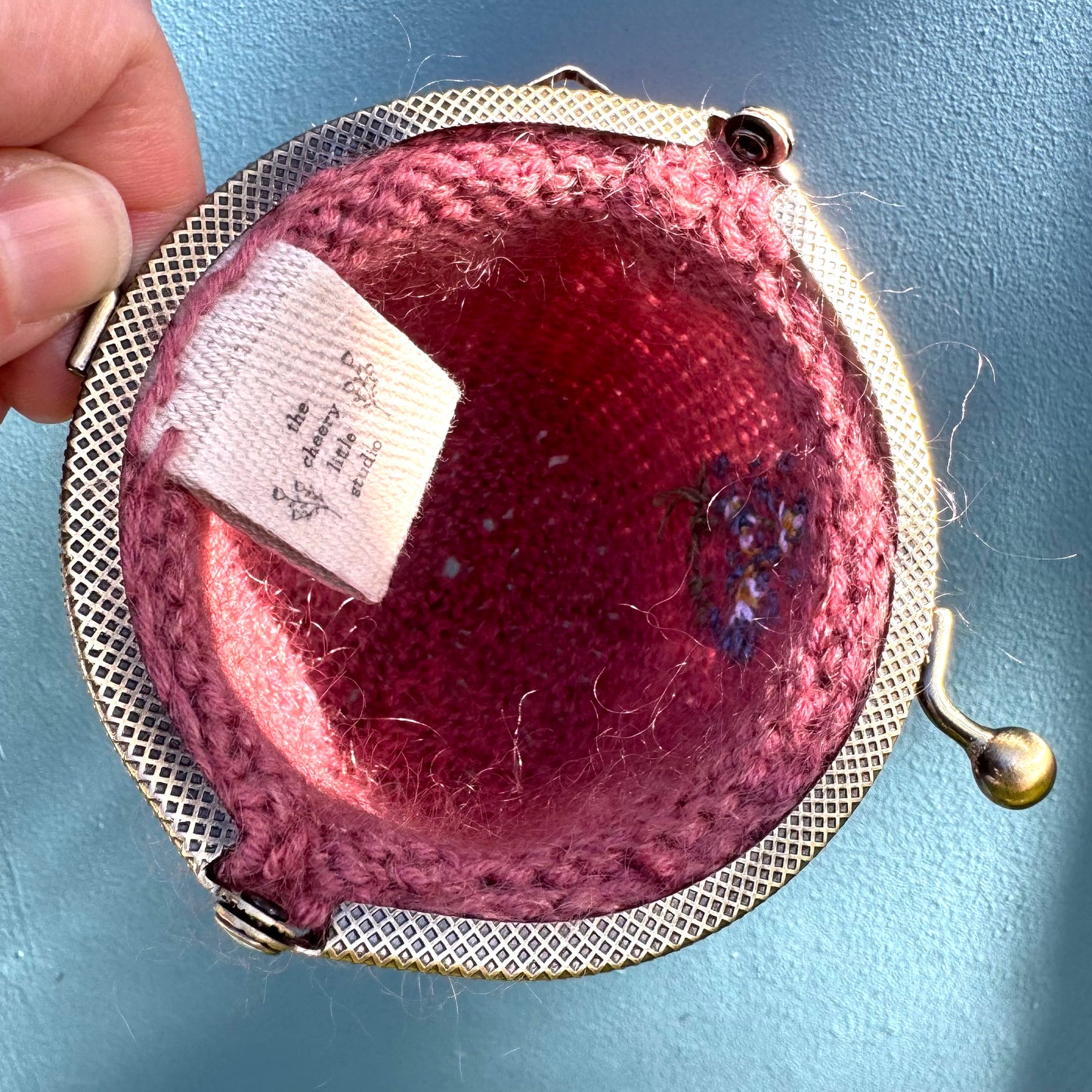 Coin purse | hand embroidered + hand knit forget-me-not
