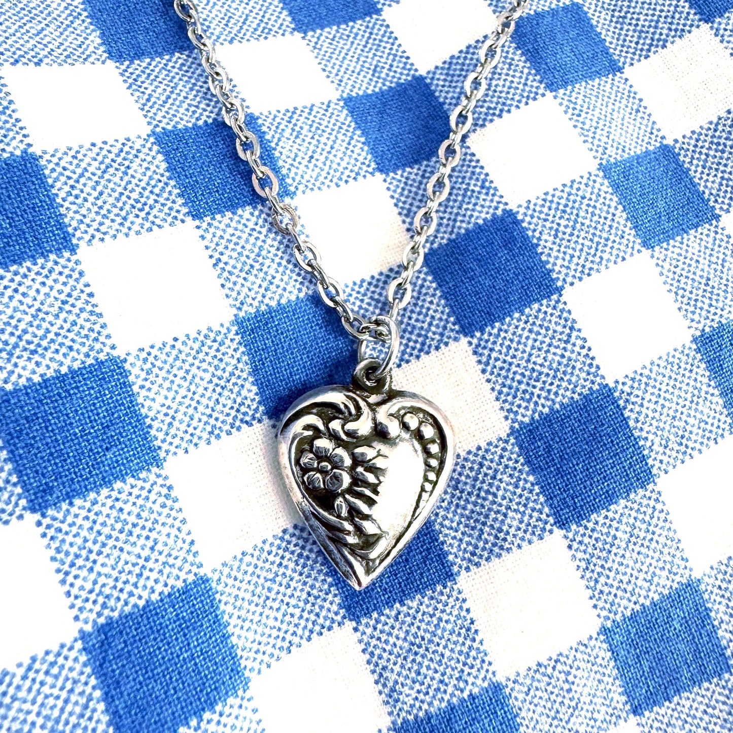 Vintage Heart Pendant Necklace | Sterling Silver small with flowers