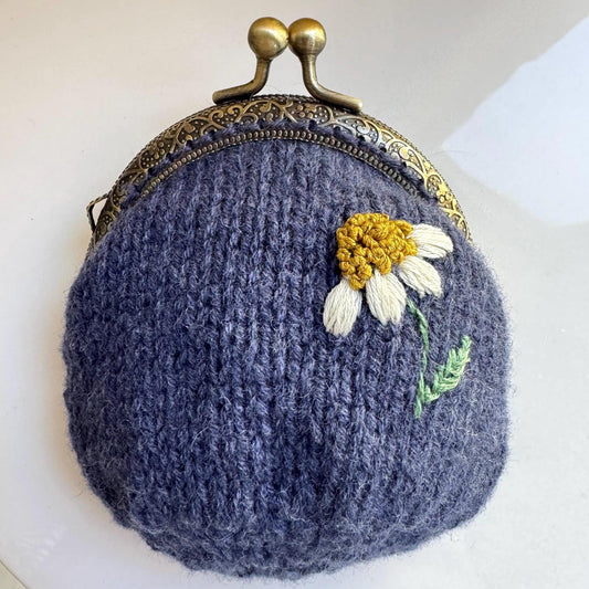 Coin purse | hand embroidered + hand knit | wildflower navy