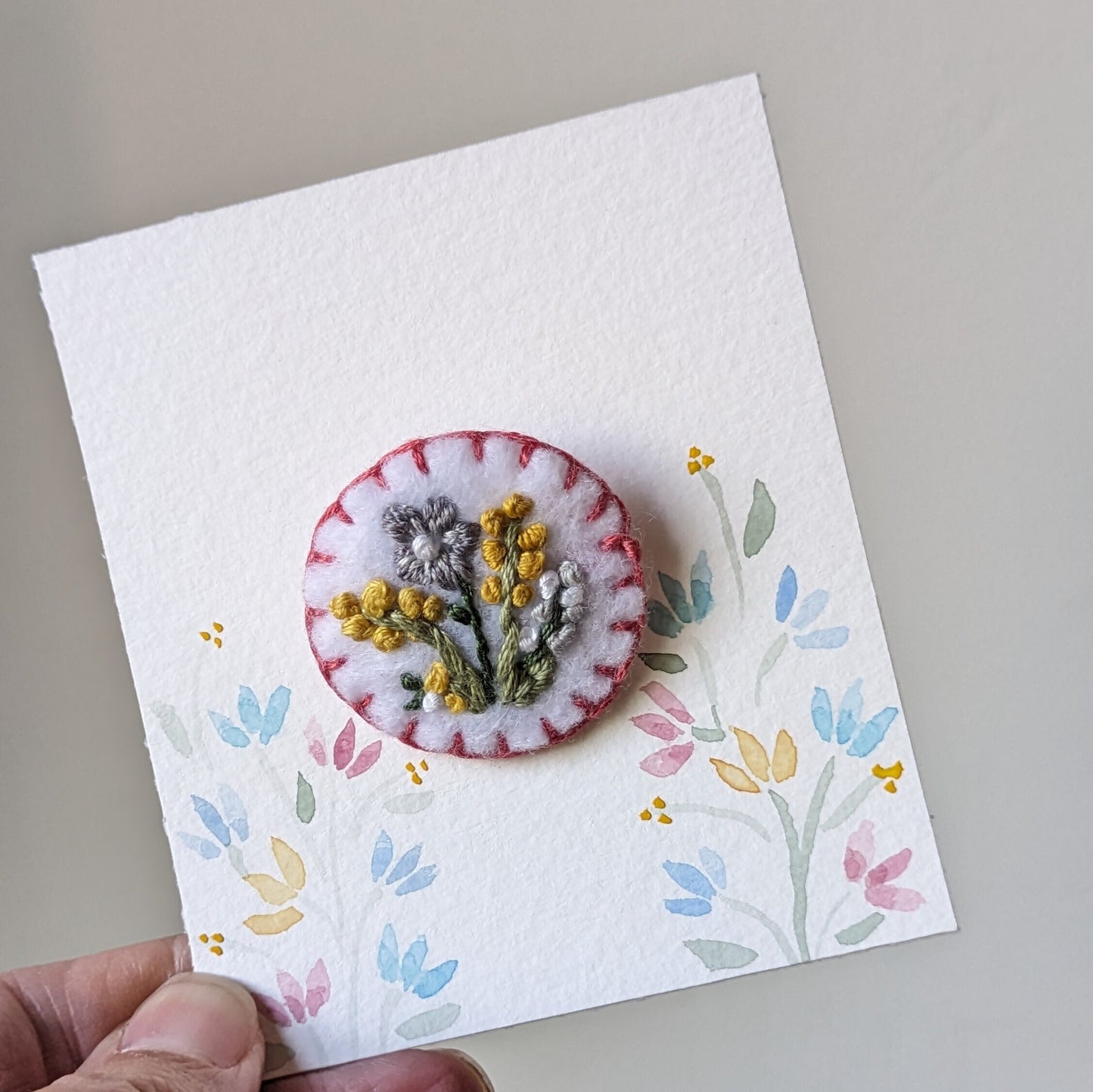 Hand Embroidered Floral Felt Brooch Pin Card~ June Garden