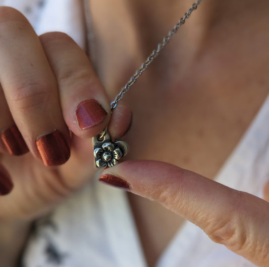 Small Handmade Silver Heart with Flower Pendant Necklace