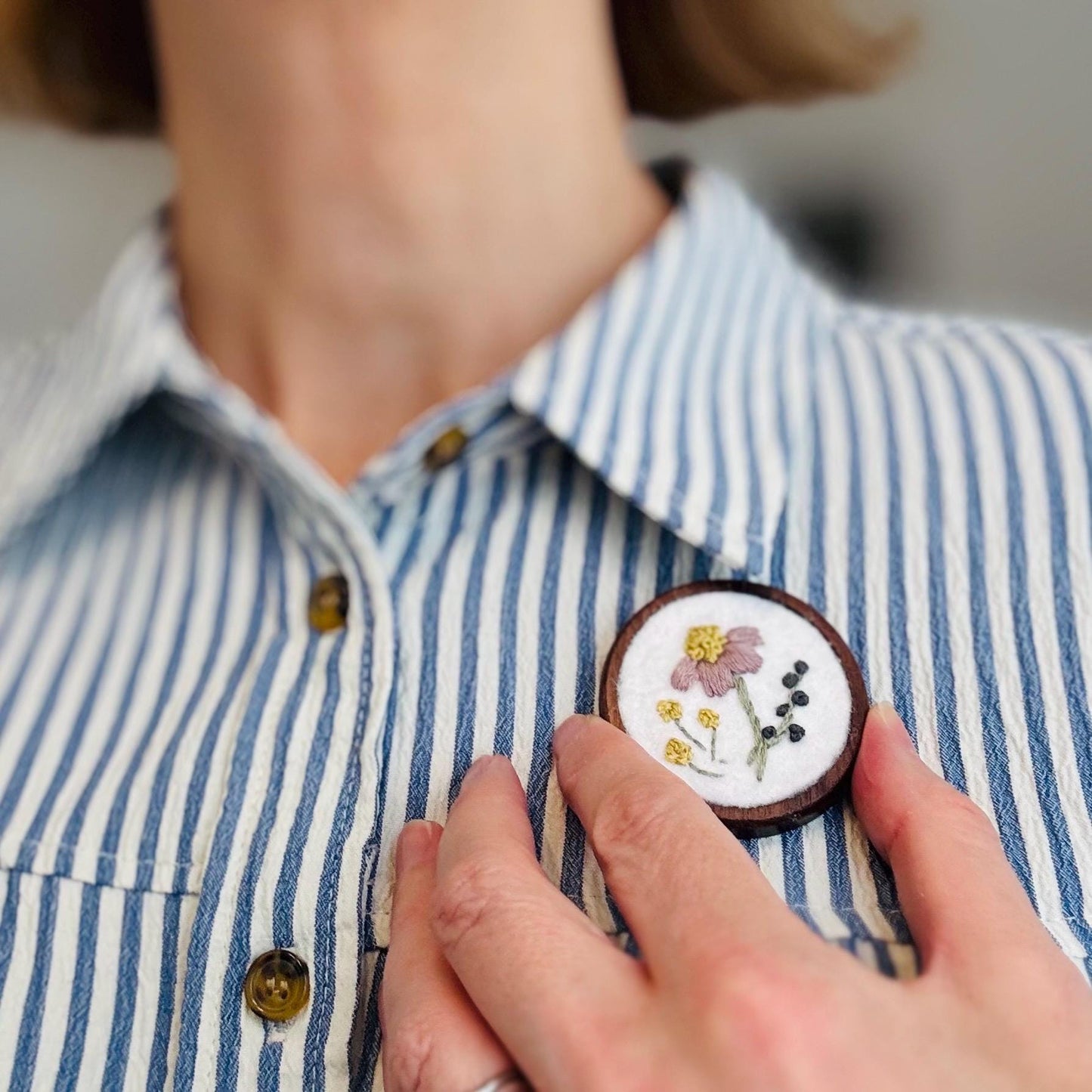Hand Embroidered Floral Felt Brooch Pin ~ wood backing