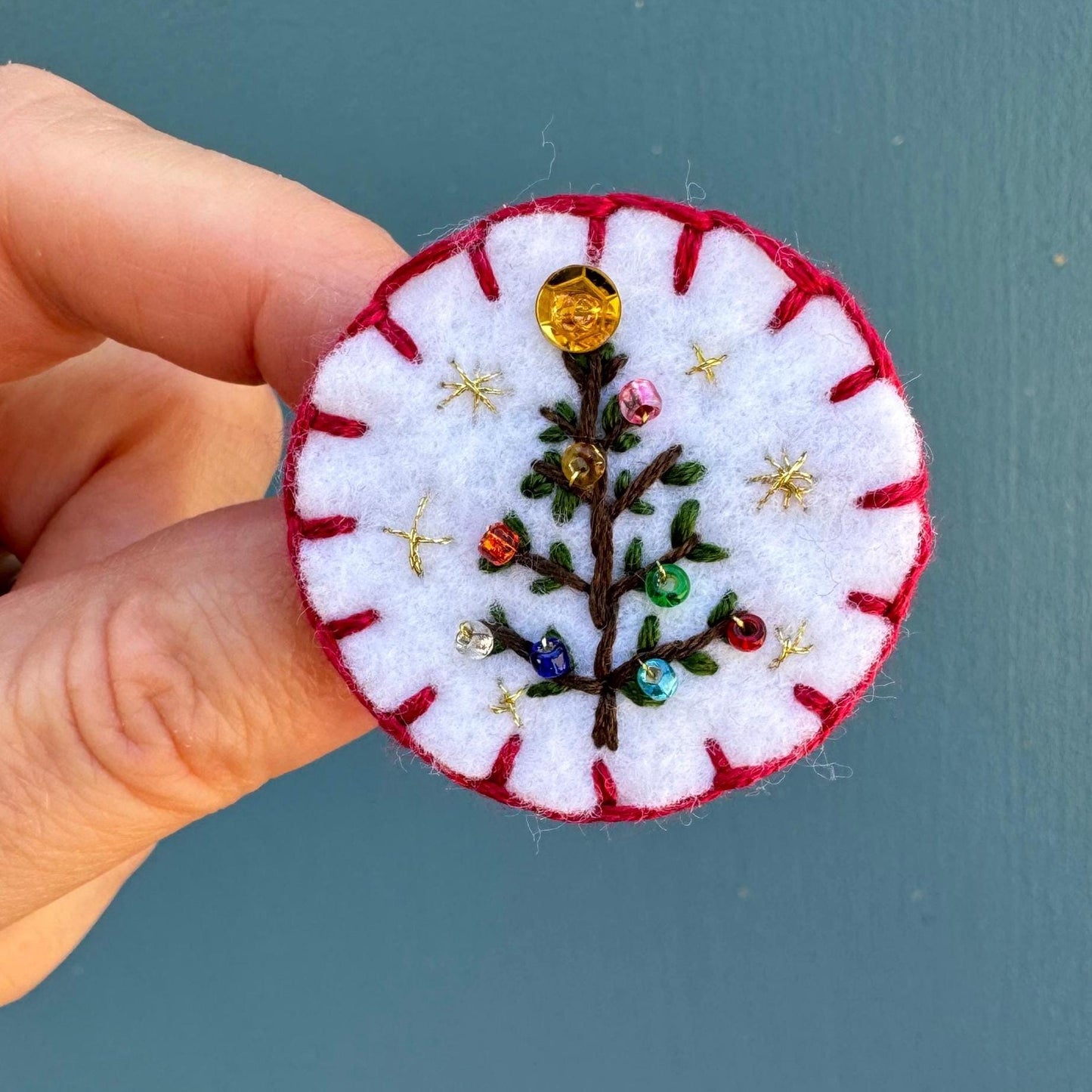 Sparkly Christmas Tree Brooch - hand embroidered felt brooch