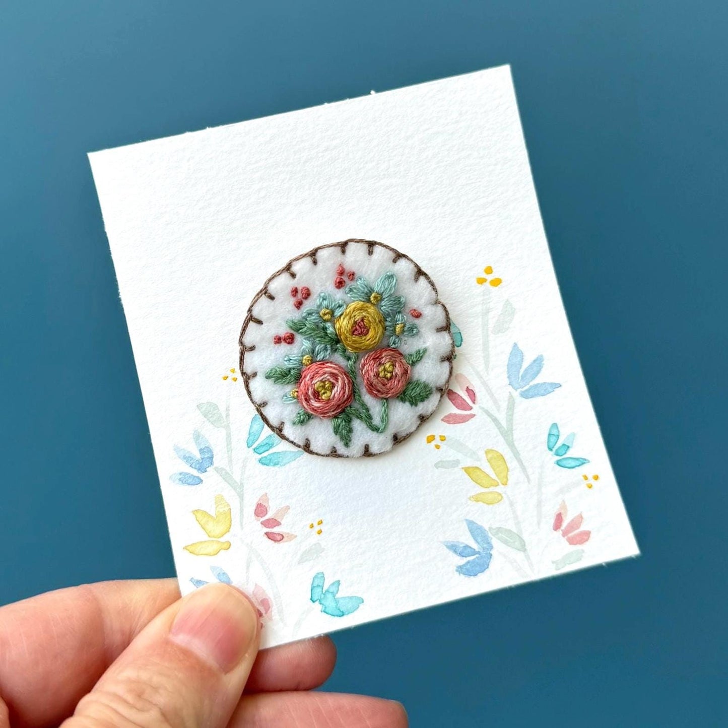 Hand Embroidered Floral Brooch Pin Card~ Rose Garden pink