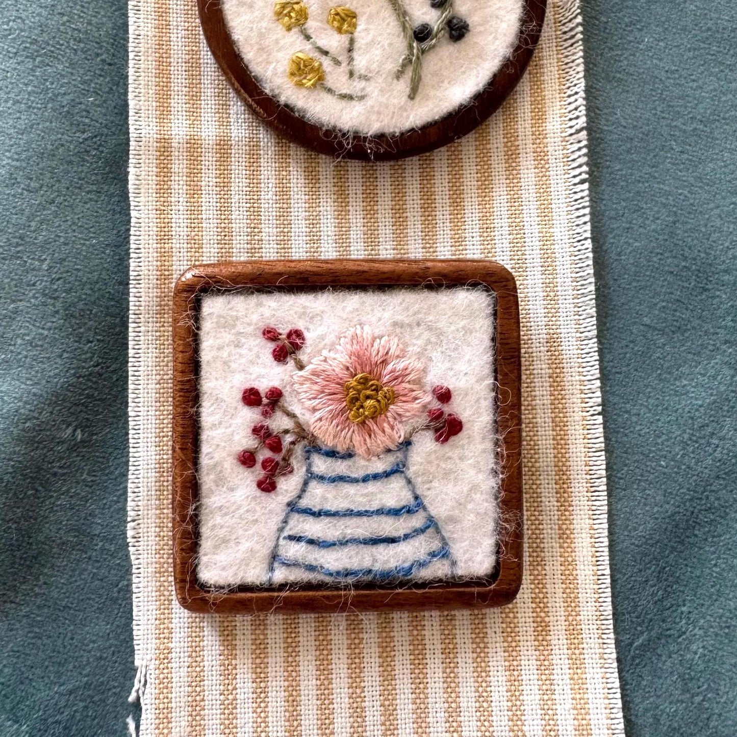 Hand Embroidered Floral Bouquet Brooch Pin ~ wood backing