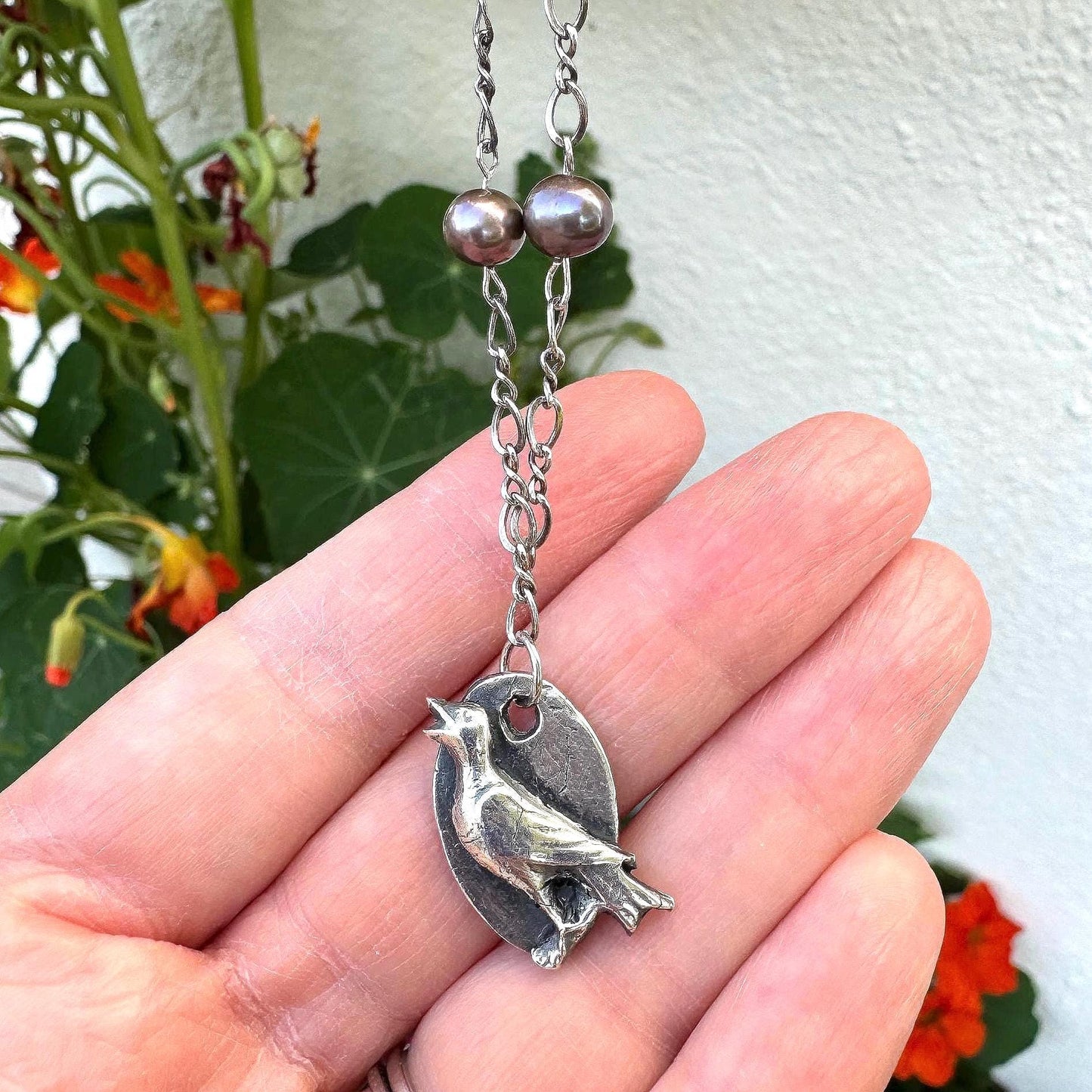 Small Handmade Silver Bird Pendant Necklace | Beaded Chain