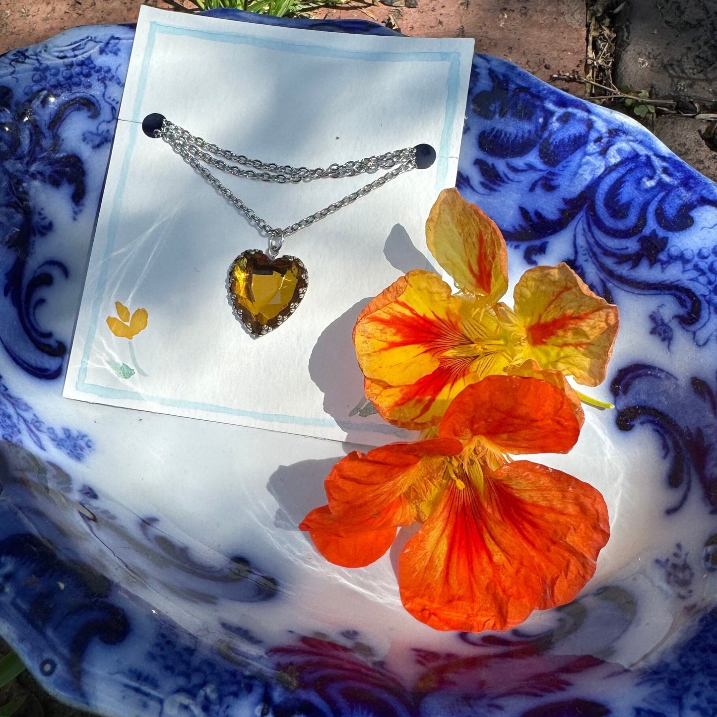 Vintage Heart Pendant Necklace Faux Yellow Sapphire Costume Jewelry
