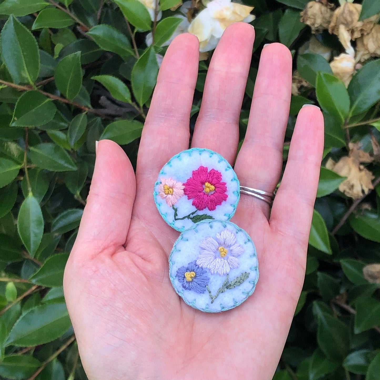 Hand Embroidered Felt Brooch Pin - hot pink flower