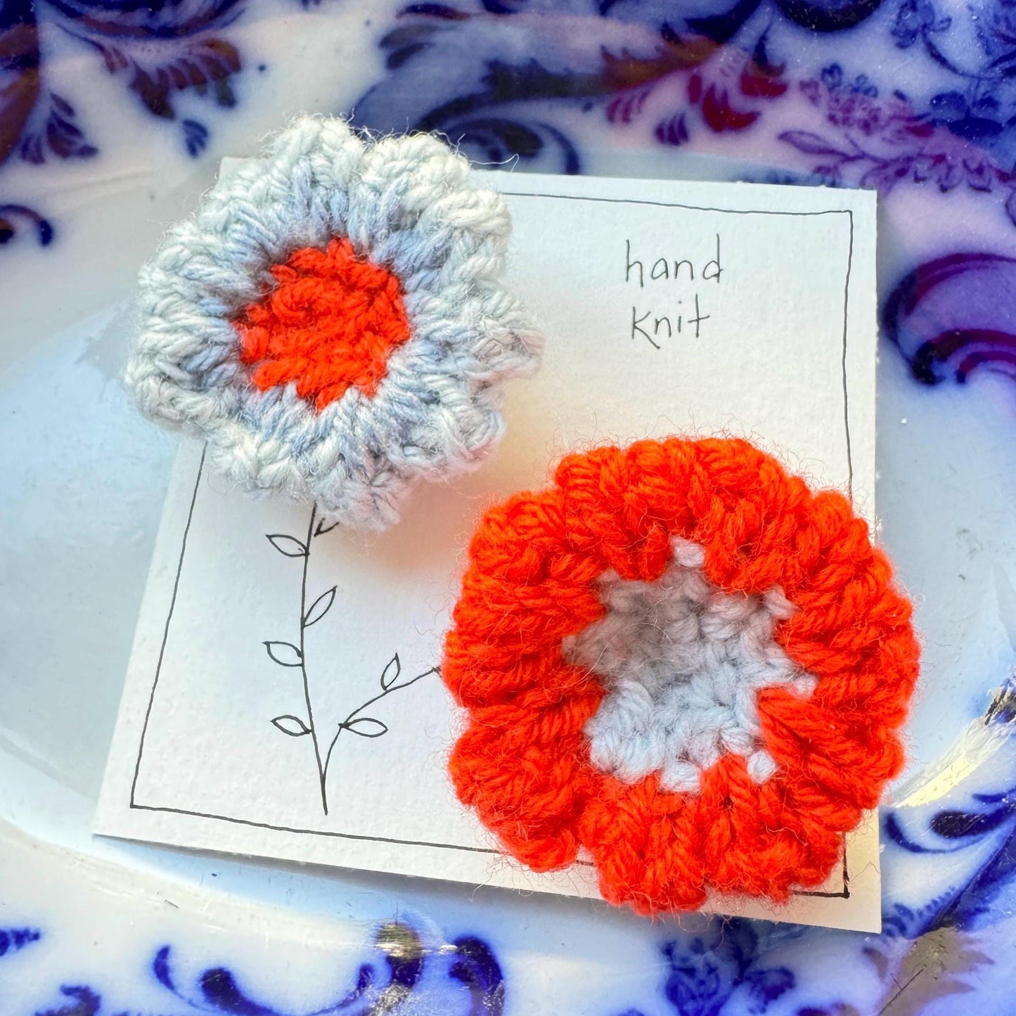 hand knit brooch set- flowers two tone blue + orange