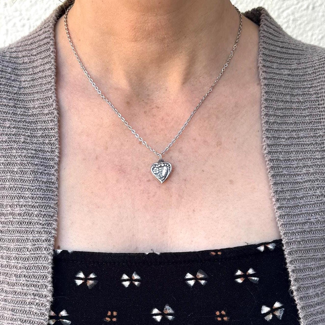 Vintage Heart Pendant Necklace | Sterling Silver small with flowers