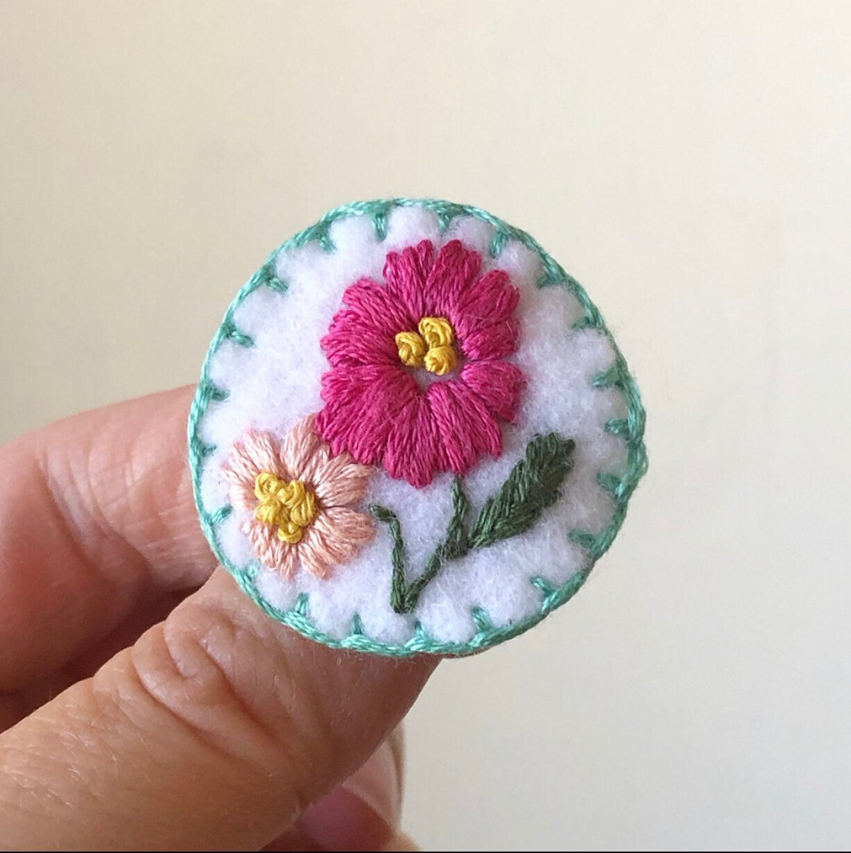 Hand Embroidered Felt Brooch Pin - hot pink flower