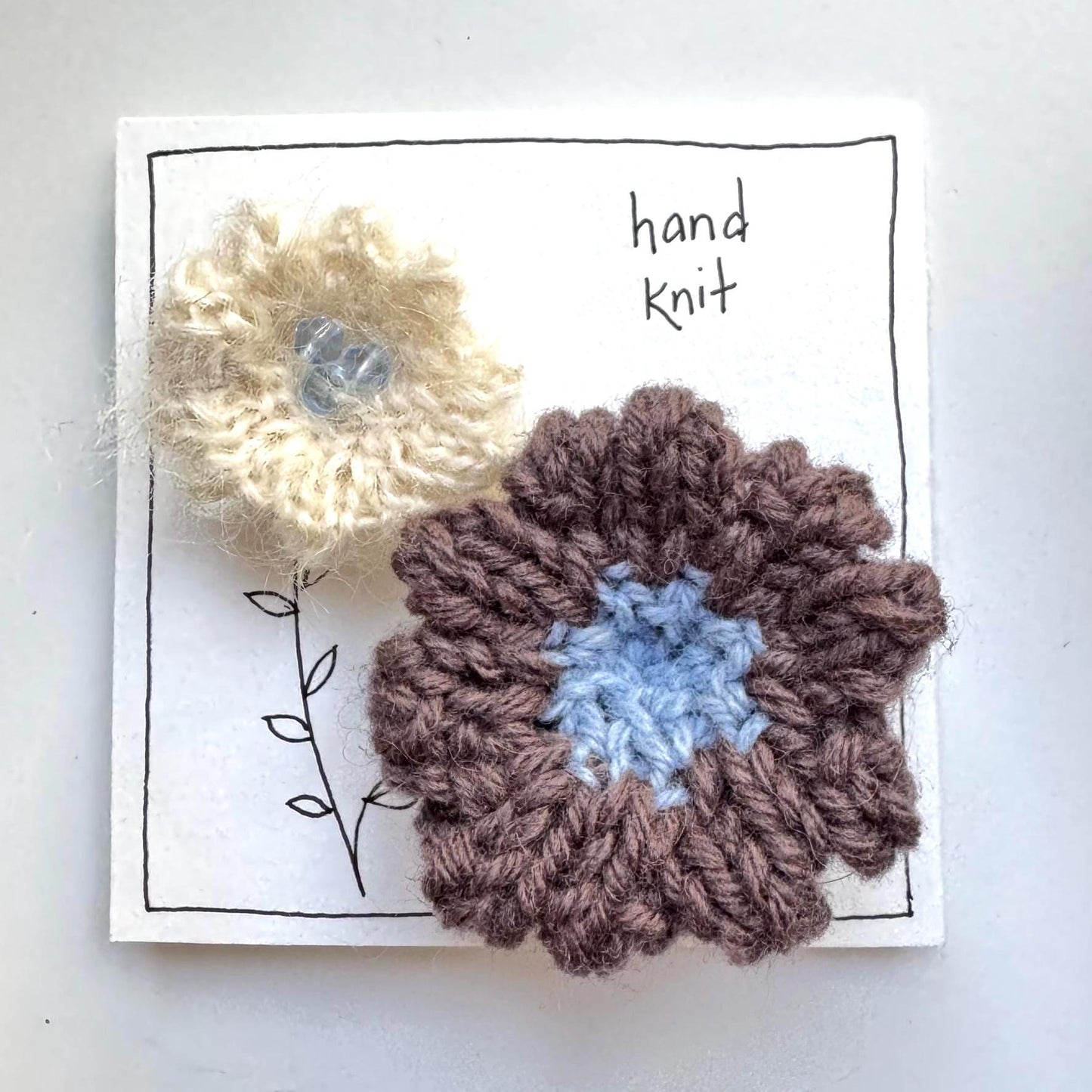 hand knit brooch set- flowers beaded cream and brown