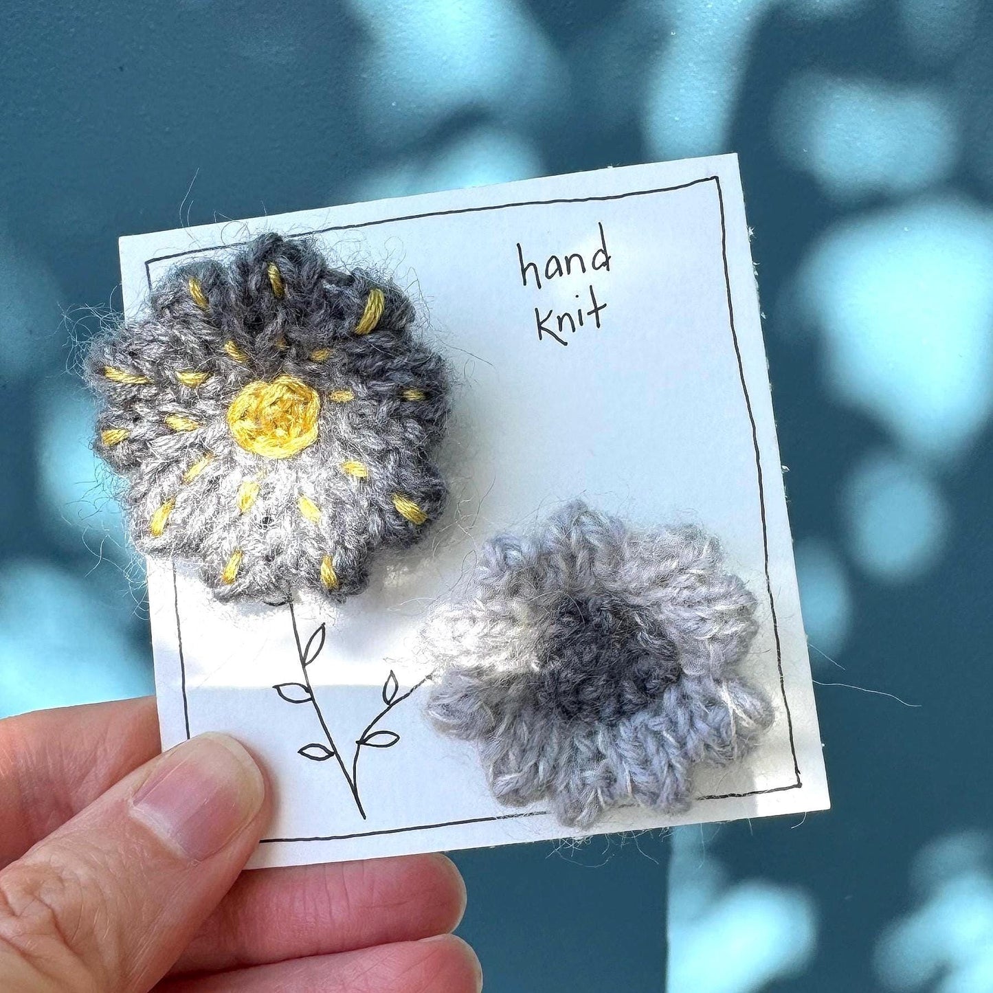 hand knit brooch set- flowers embroidered gray