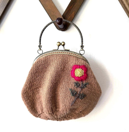 Hand Knit Wildflower Purse | Brown Embroidered Bag with Kiss Clasp