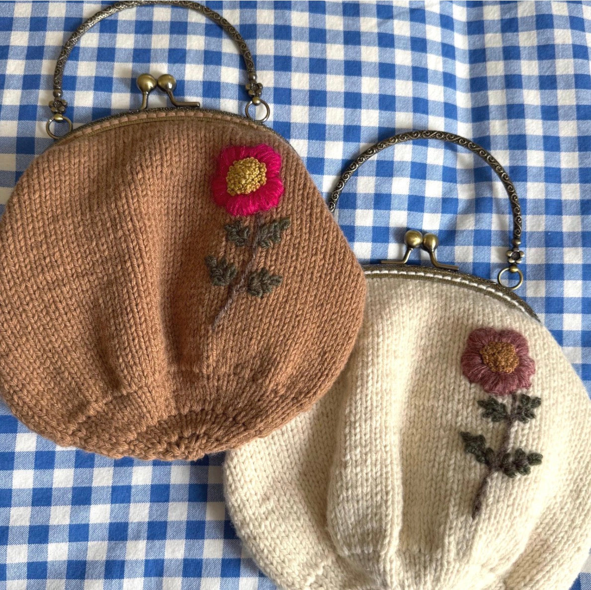 Hand Knit Wildflower Purse | Brown Embroidered Bag with Kiss Clasp