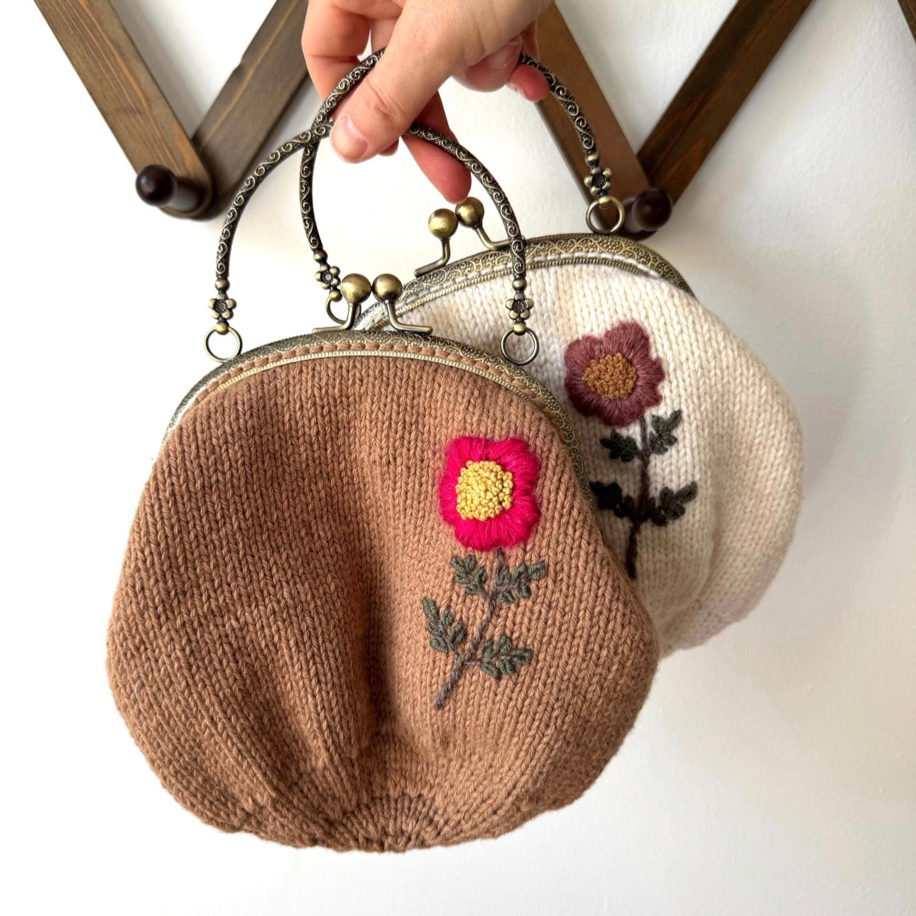 Hand Knit Wildflower Purse | Brown Embroidered Bag with Kiss Clasp