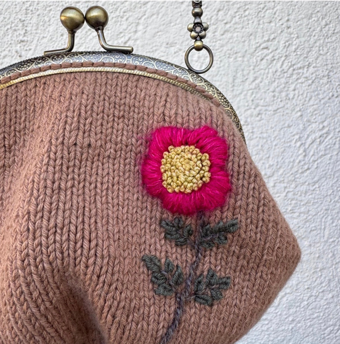 Hand Knit Wildflower Purse | Brown Embroidered Bag with Kiss Clasp