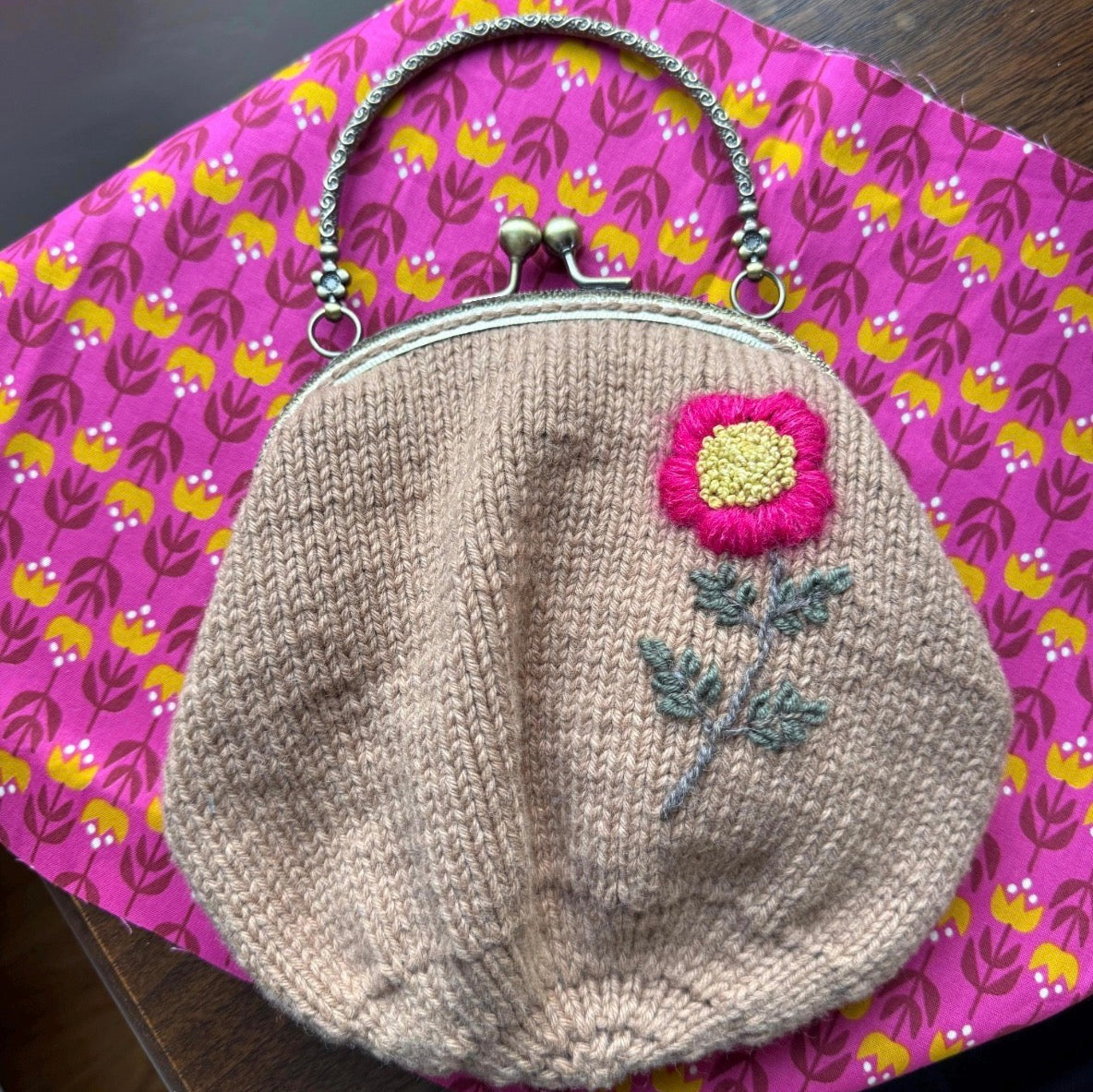 Hand Knit Wildflower Purse | Brown Embroidered Bag with Kiss Clasp