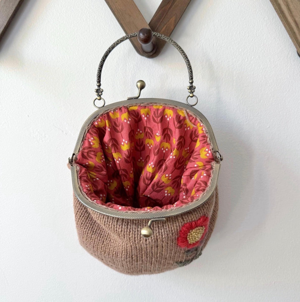 Hand Knit Wildflower Purse | Brown Embroidered Bag with Kiss Clasp