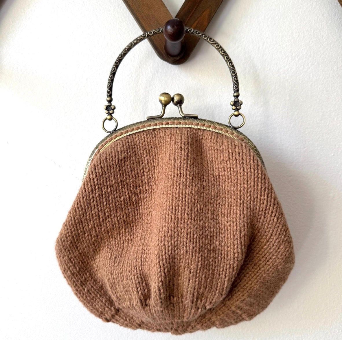 Hand Knit Wildflower Purse | Brown Embroidered Bag with Kiss Clasp