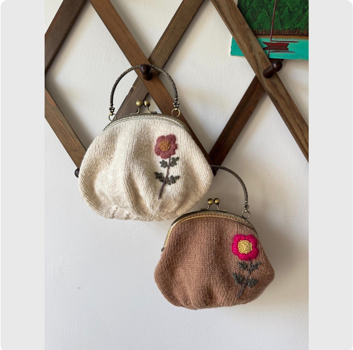 Hand Knit Wildflower Purse | Brown Embroidered Bag with Kiss Clasp