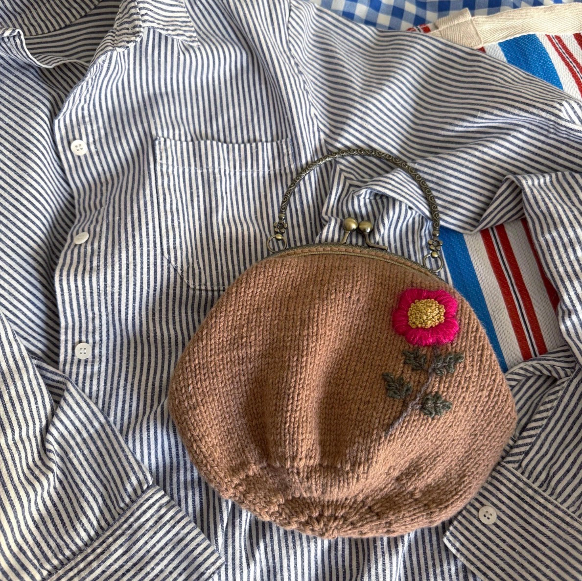 Hand Knit Wildflower Purse | Brown Embroidered Bag with Kiss Clasp